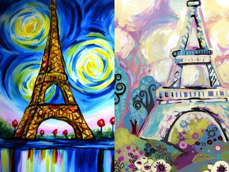 яркими красками башню в городе Париж процесс рисования