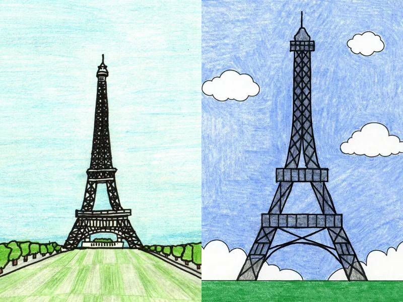 цветными карандашами рисуем Эйфелеву башню в примерах для детей