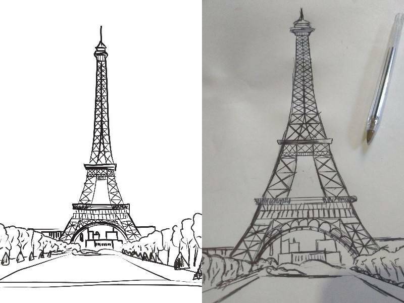 рисование карандашом или ручкой башни на фоне Парижа