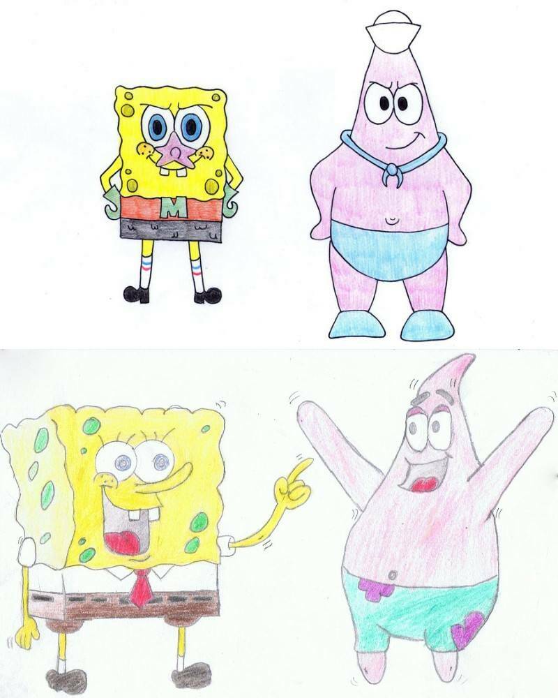 примеры как рисовать Патрика морскую звезду и Губку в квадратных штанах