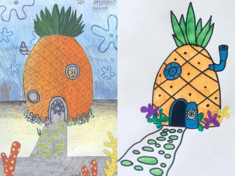 яркие рисунки дома ананаса из мультика про Губку Боба