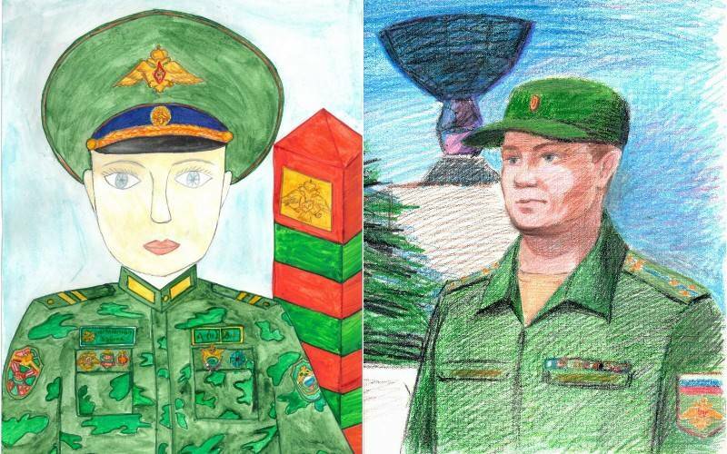 российский пограничник и военный человек цветными карандашами
