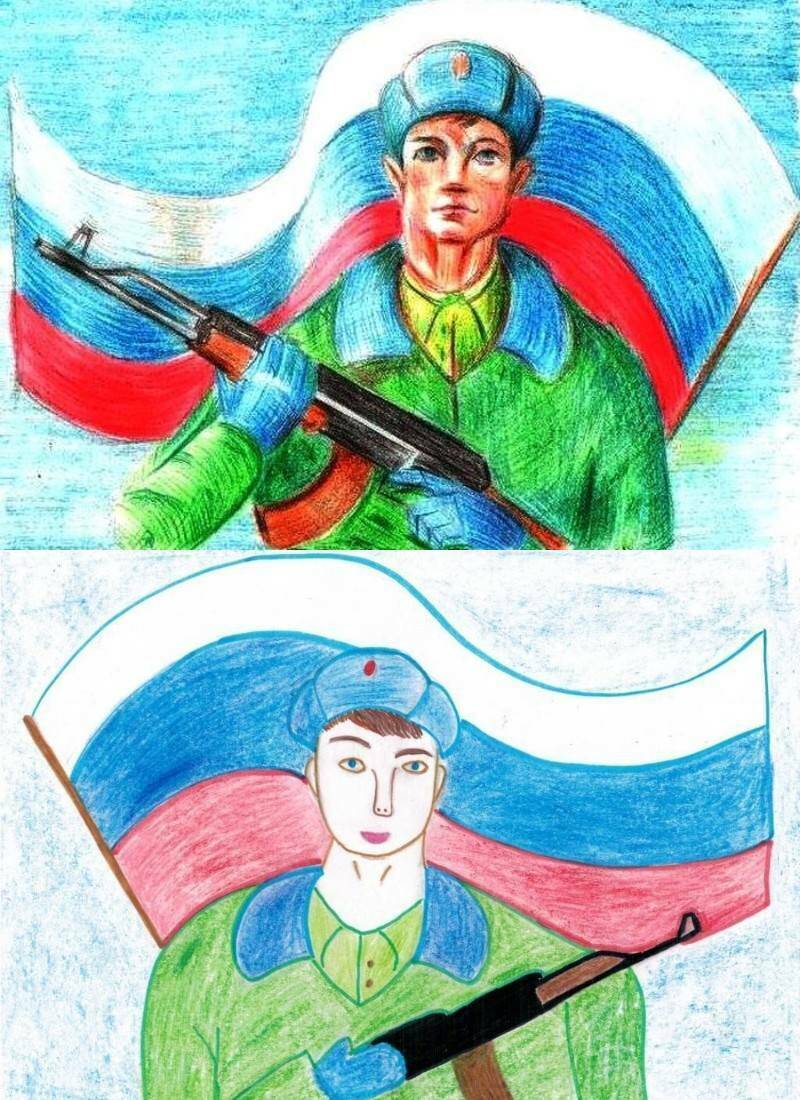 солдаты с российским флагом - детские рисунки карандашами