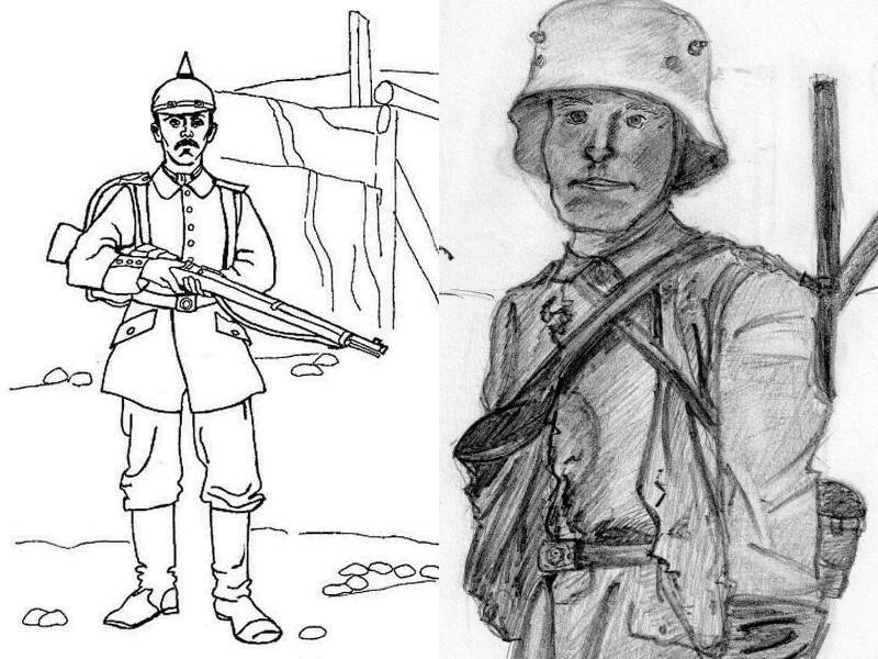 портрет и немецкий солдат стоя с оружием