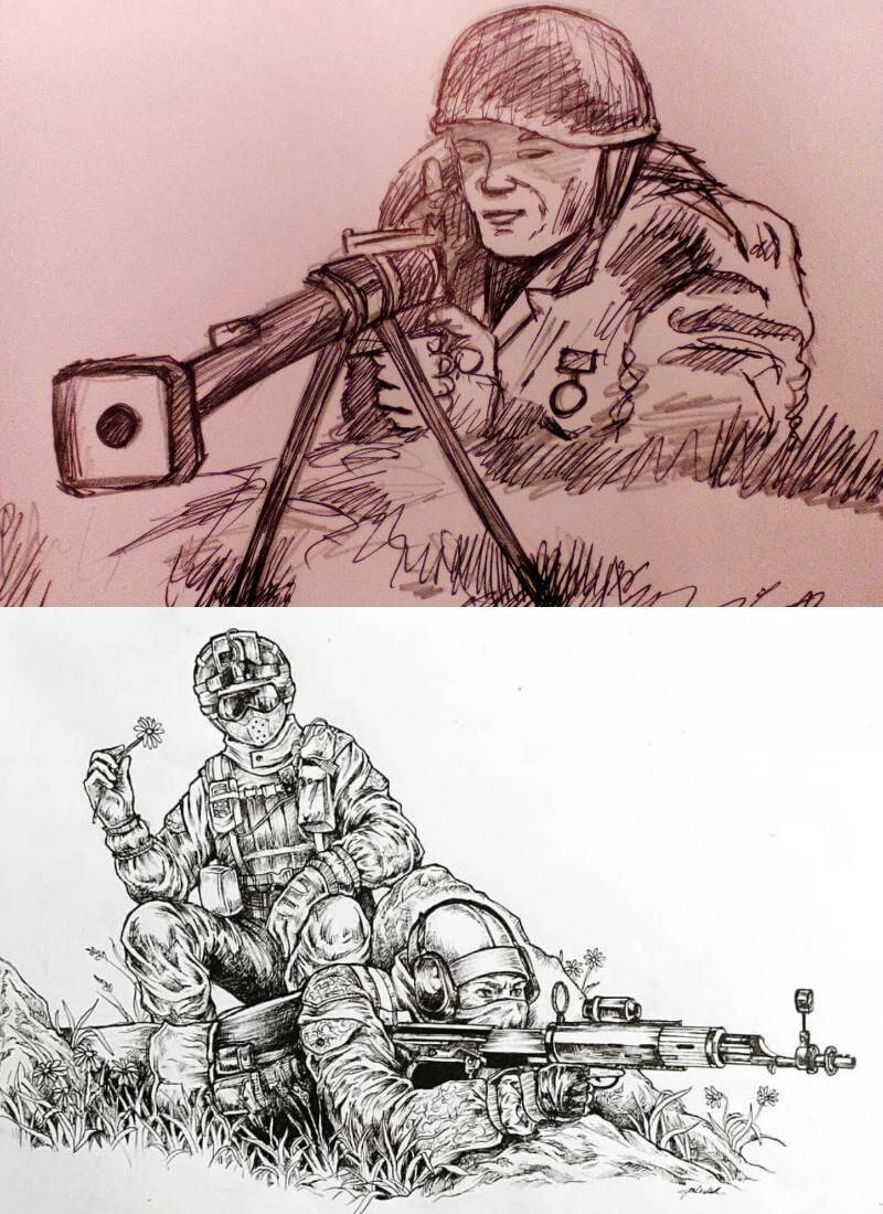 солдаты с оружием набросок карандашом