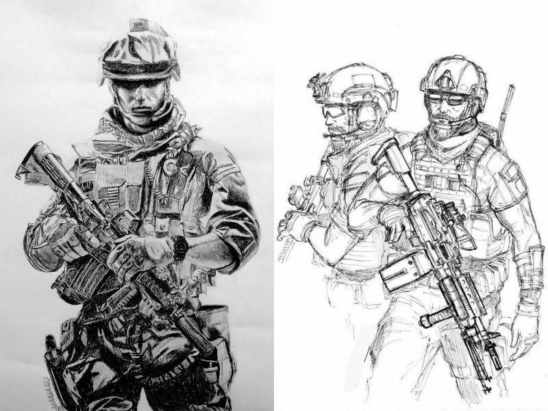 солдаты в современной форме простым карандашом