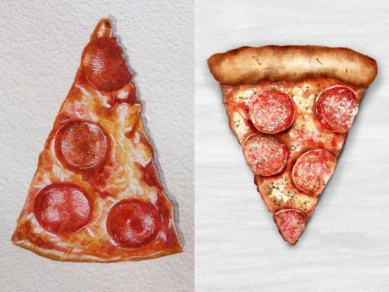 реалистично нарисованные кусочки пиццы пепперони