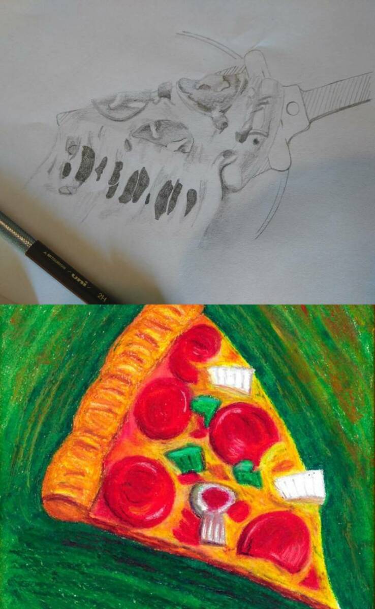 кусочки пиццы нарисованные карандашом и красками