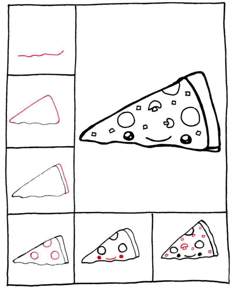 поэтапный процесс рисования пиццы с глазами для детей