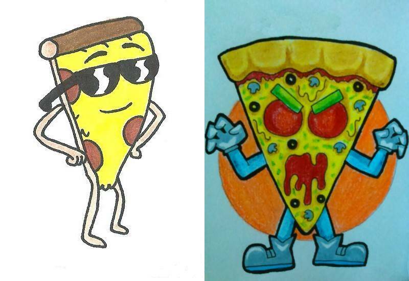 детские рисунки пиццы с глазами страшной и крутой в очках