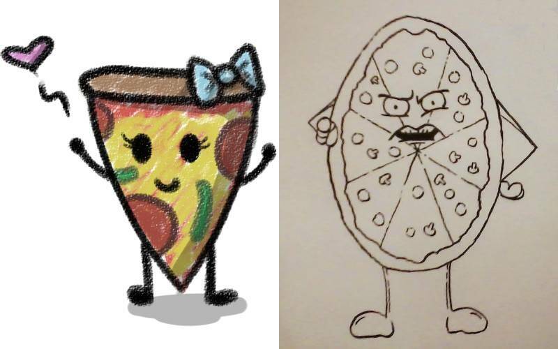 рисунки милой и сердитой пиццы с глазками