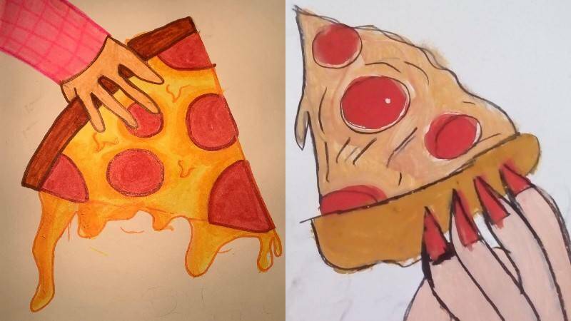 рисунки красками где рука держит кусочек пиццы