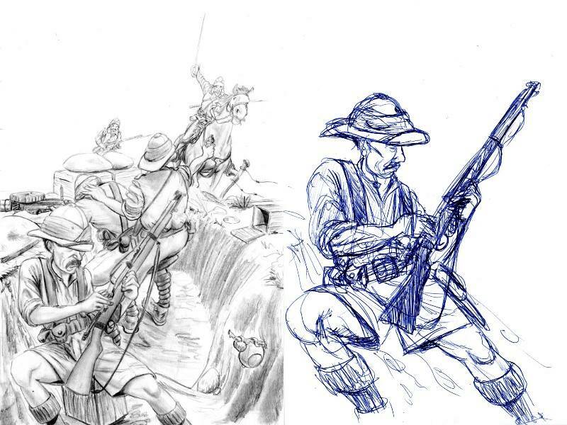 солдат с ружьем эскиз и полный рисунок
