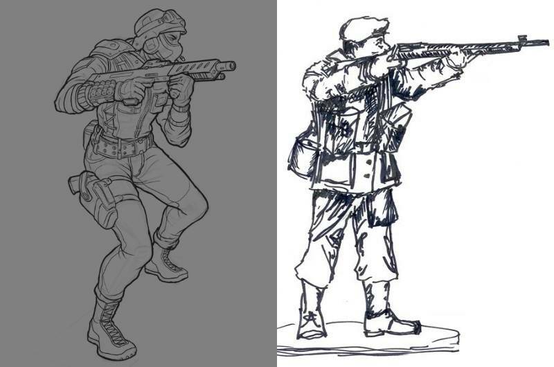 человек солдат с ружьем как рисуется
