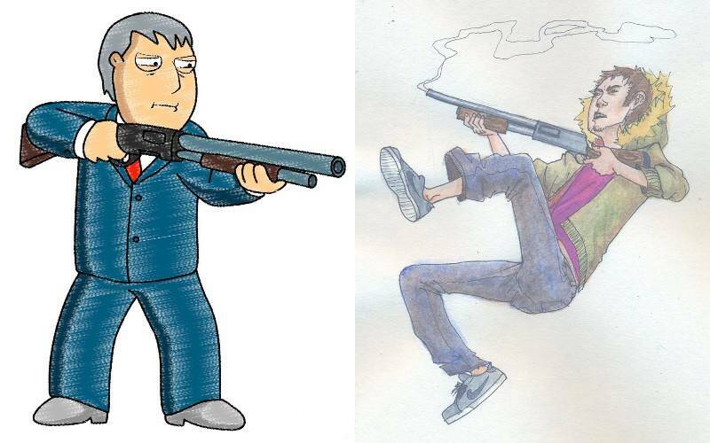 цветные рисунки человека с ружьем и персонажа из Гриффинов