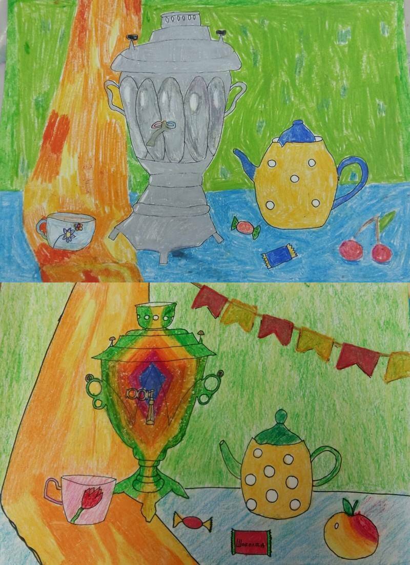 рисунки самовара цветными карандашами для ребенка