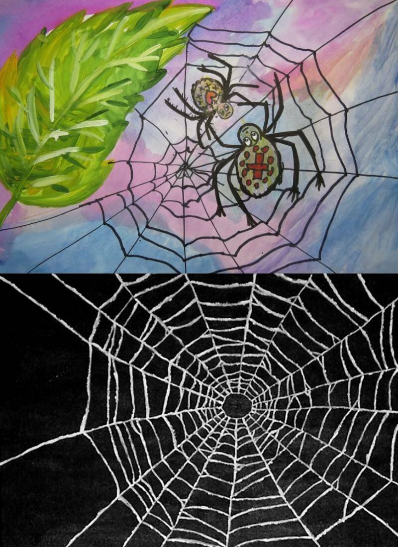 на черном фоне паутина и рисунок с пауками на паутине