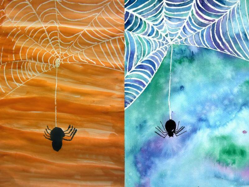 детские рисунки паутины красками с нарисованным пауком