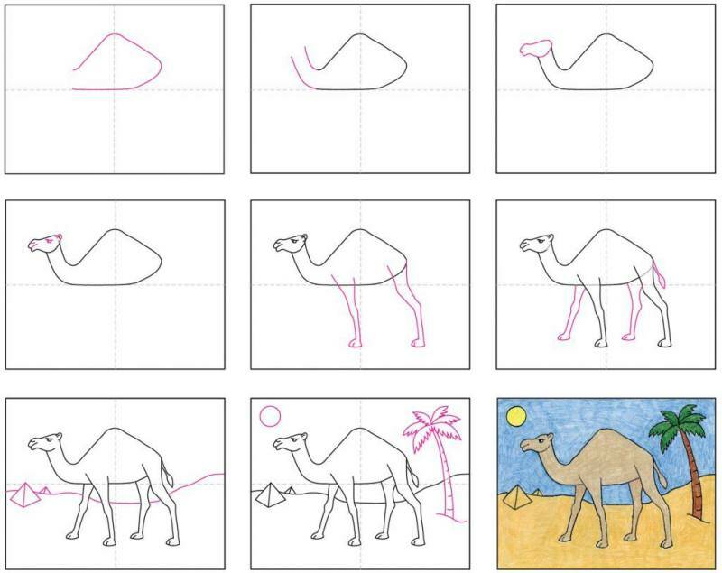 как нарисовать верблюда на фоне пустыни с пальмой
