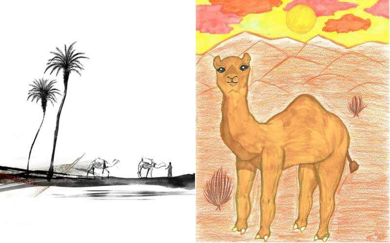 цветной рисунок о картинках красками с верблюдом в пустыне