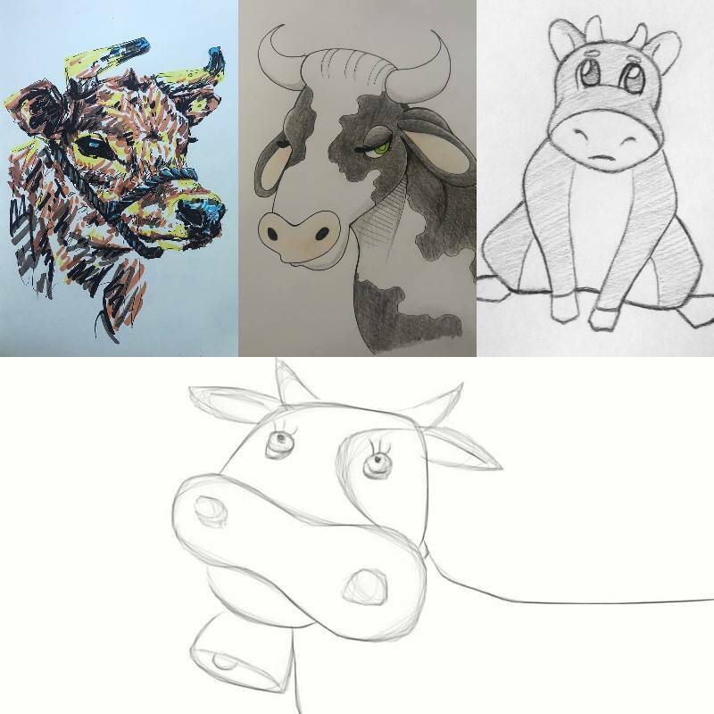рисунки детские и красивые коровы с рогами