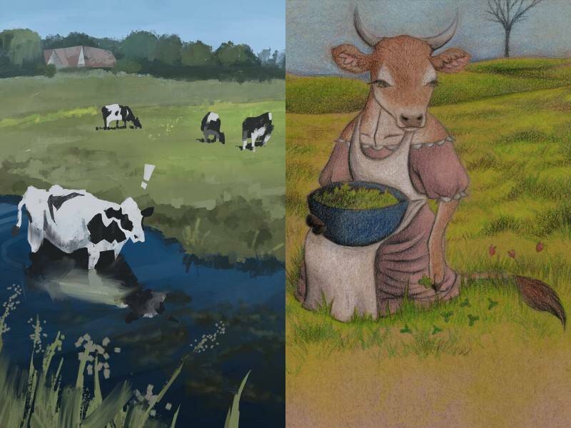яркие рисунки коров среди зелени
