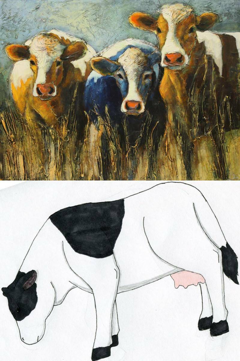 на рисунке трое коров и согнувшаяся коровка фломастерами