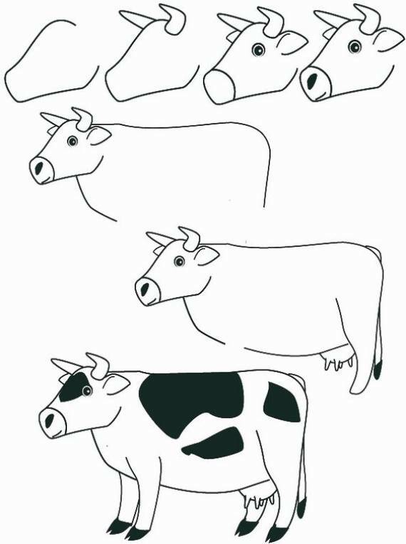 простой способ нарисовать корову с рогами поэтапно