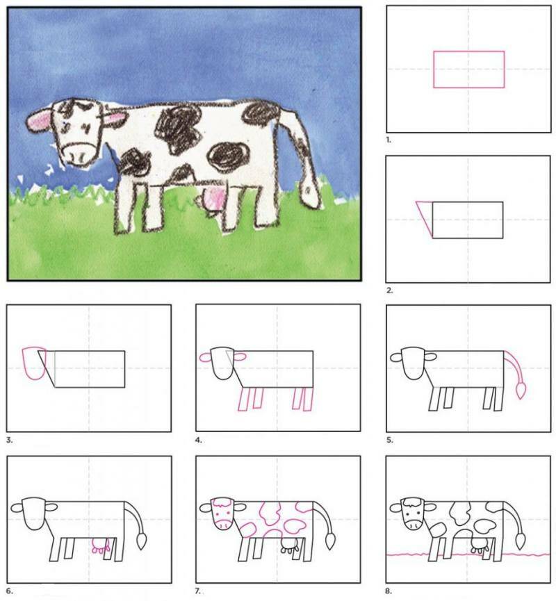 как нарисовать черно-белую корову красками ребенку