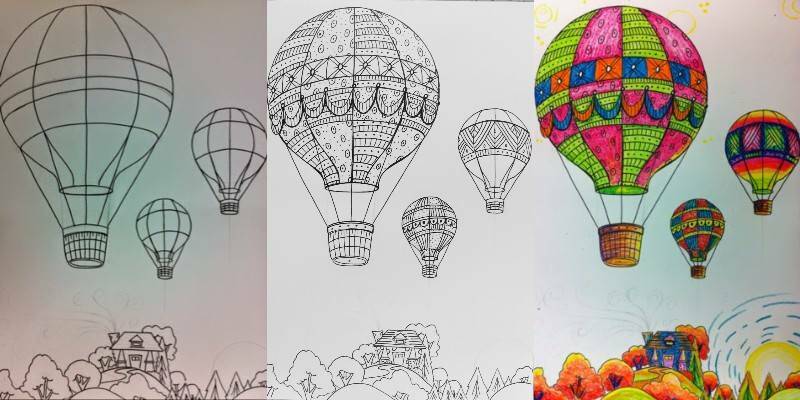 процесс рисования и раскрашивания воздушного шара в небе