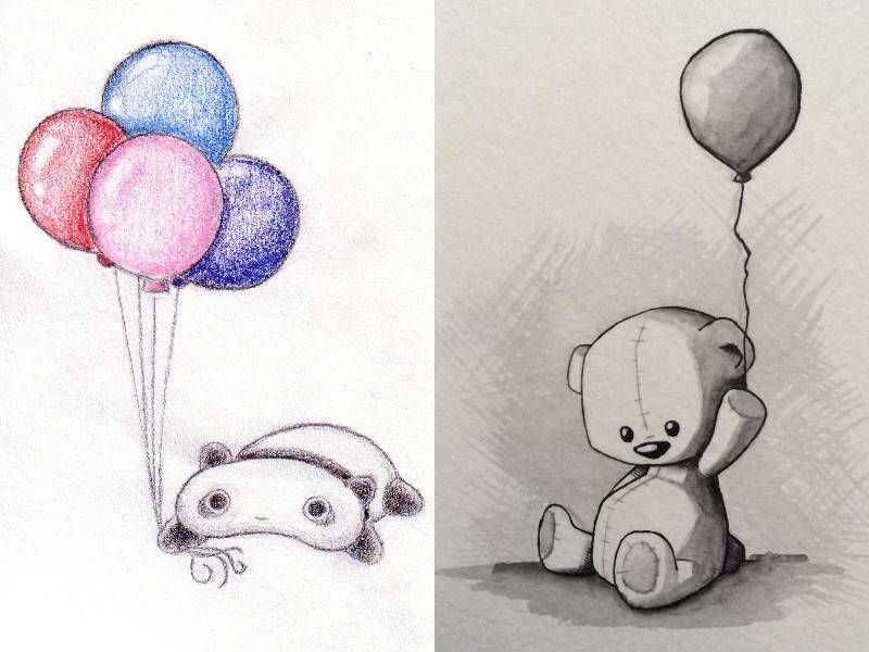 срисовка милой панды и медвежонка с воздушными шариками