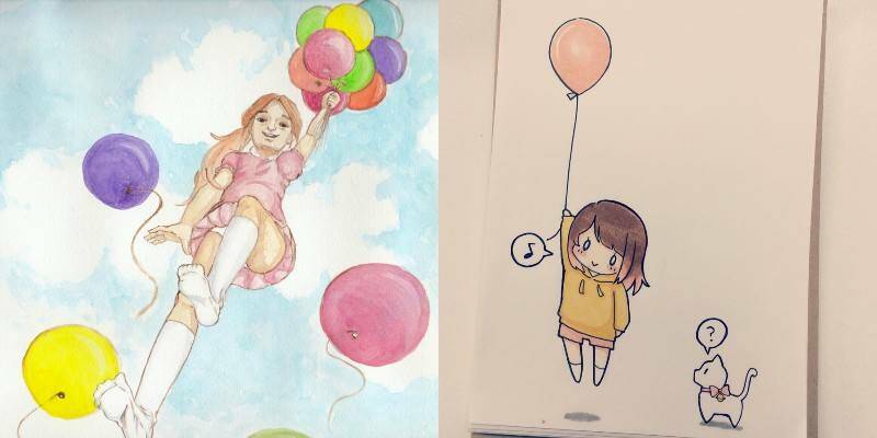 девочки летят на воздушных шариках рисование
