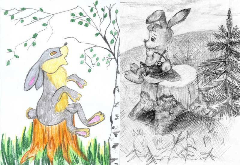 рисунки для школы зайца на пеньке