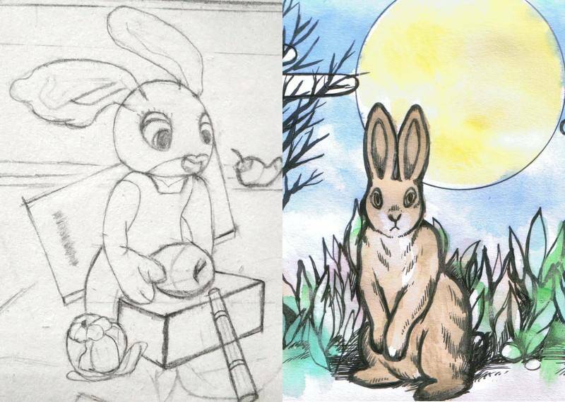 срисовка и раскрашивание зайцев по примерам
