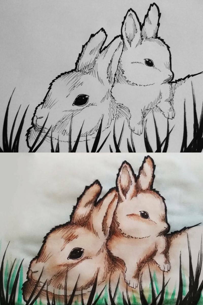 мама зайчиха с маленьким зайчонком нарисованный и раскрашенный рисунок