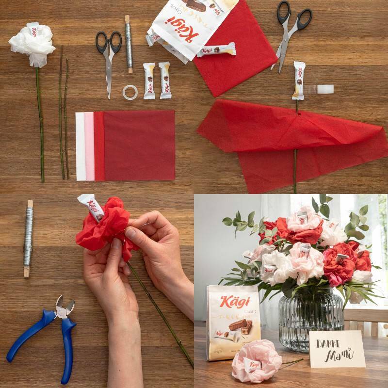 конфета в виде сюрприза или подарка внутри розы из салфетки - как сделать