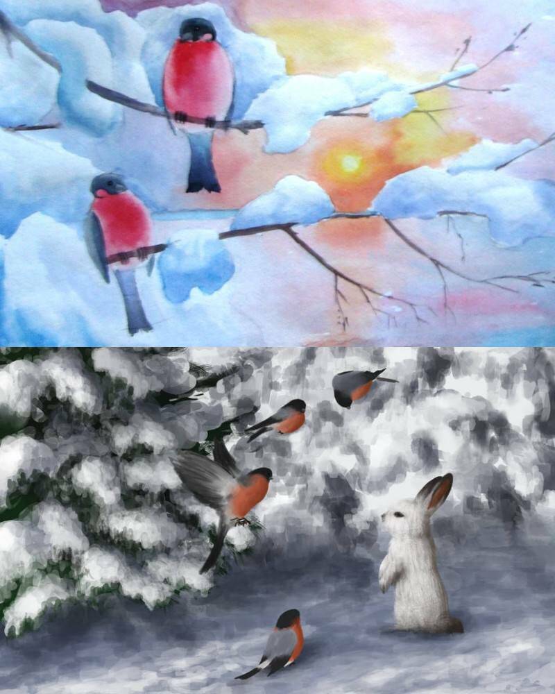 снегирь на рисунках новогодней тематики для зимы